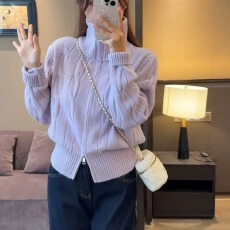 批发韩国东大门双拉链<b class='q'>高领</b><b class='q'>毛衣</b>女款新款秋冬季宽松慵懒短款针织开衫