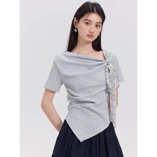 批发女装夏新款短款修身<b class='q'>不规则</b>下摆潮蝴蝶结斜肩上衣