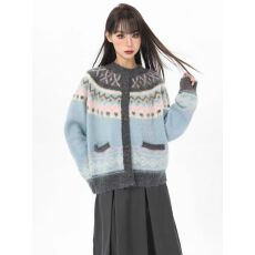 批发蓝色费尔岛针织毛衣外套女冬季小个子慵懒风加厚短款外穿开衫秋冬