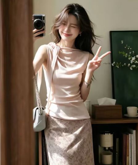 핑크색 몸매 가꾸기 리본 태국 아름다운 캐미솔 2026 여름 분위기 센스 핫걸 착용 가져 가라. 달콤한 매운맛 맨위