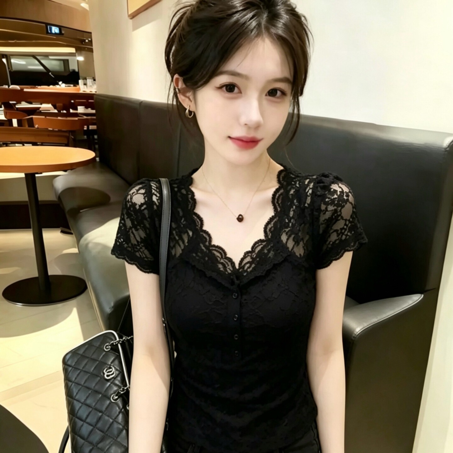 260 그램 빅 사이즈 핫걸 V넥 레이스 측면 반팔 티셔츠 여성 여름 새로운 몸매 가꾸기 페이크 레이어드 맨위