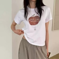 40支纯棉-220克 92%棉8%氨纶 正肩短袖T恤女印花