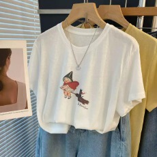 批发21支纯棉-210克 后包领 夏装韩系短袖T恤女韩版宽松大码印花