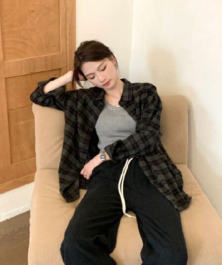 레트로 chic 녹색 체크무늬 여성 셔츠 가을 겨울철 루즈핏 느긋한 바람을 피우다 롱 코트 셔츠 재킷 오픈 가디건 외부 가져 가라.