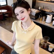 批发<b class='q'>甜美</b>千金风娃娃领木耳边针织衫女夏季新款法式蝴蝶结显瘦短袖上衣