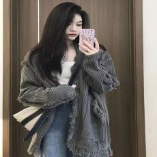 批发高级感韩系毛衣外套女<b class='q'>秋</b>冬时尚慵懒风宽松流苏针织开衫中长款流行