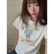纯棉220克40支食毛+手感有弹力印花修身收腰短袖t恤女