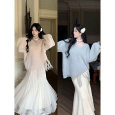 批发Blovelan月落湖心 <b class='q'>秋</b>冬慵懒风宽松百搭仿水貂绒毛衣V领针织上衣女