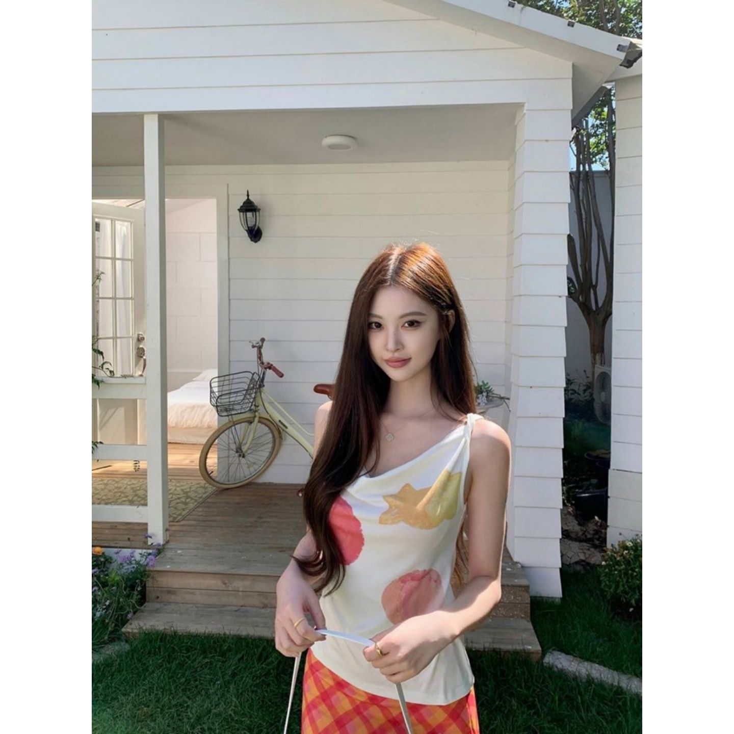 와 사고 방식 모달 260 그램 1 1 섹시함 핫걸 여름 흔들다 칼라 과일 프린트 조끼