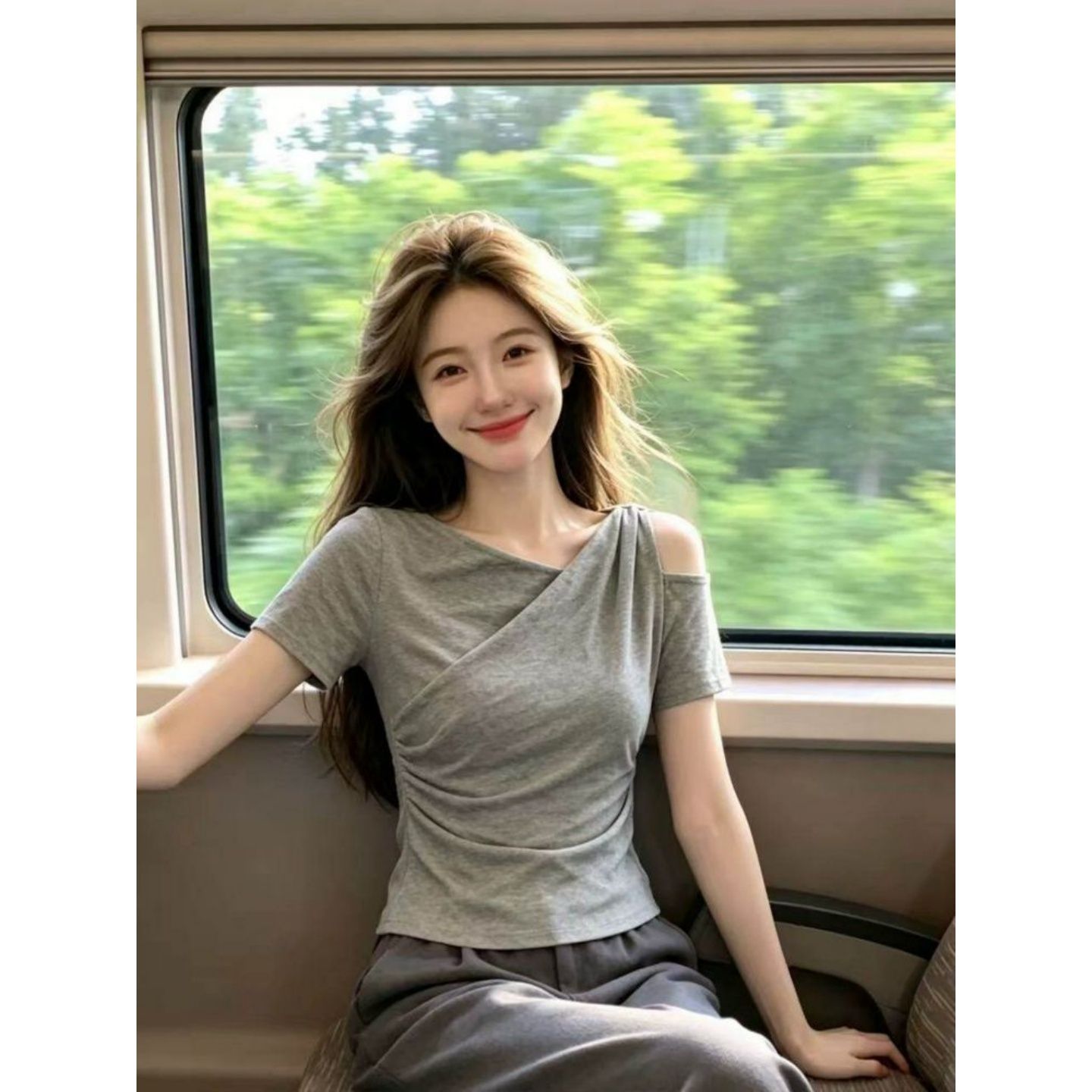 와 사고 방식 모달 260 그램 1 1 핫걸 바람 회색 주름 허리 수축 오프숄더 반팔 티셔츠