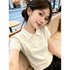批发韩系钩花镂空翻领冰丝针织短袖女夏外穿高级感显瘦polo衫简约上衣