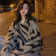 kumikumi复古斑马纹毛衣女外穿秋季慵懒风宽松加厚软糯针织衫上衣