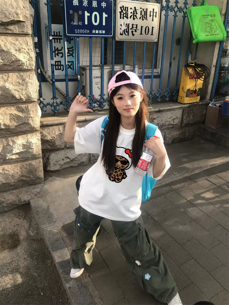 21 순면 210 그램 이후 패키지 칼라 여름 드레스 한 부서 반팔 티셔츠 여성 한국 스타일 루즈핏 빅 사이즈 프린트