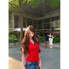 红色鱼骨绑带吊带 性感辣妹收腰拉链深V领挂脖鱼骨胸衣