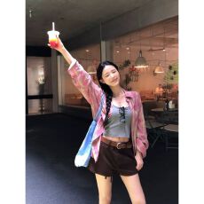 批发多巴胺美式复古粉色<b class='q'>格子衬衫</b>女夏季设计感小众上衣宽松防晒外套薄