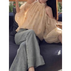 批发法式甜美挂脖衬衫2025新款女薄款露肩荷叶边长袖雪纺小衫气质上衣