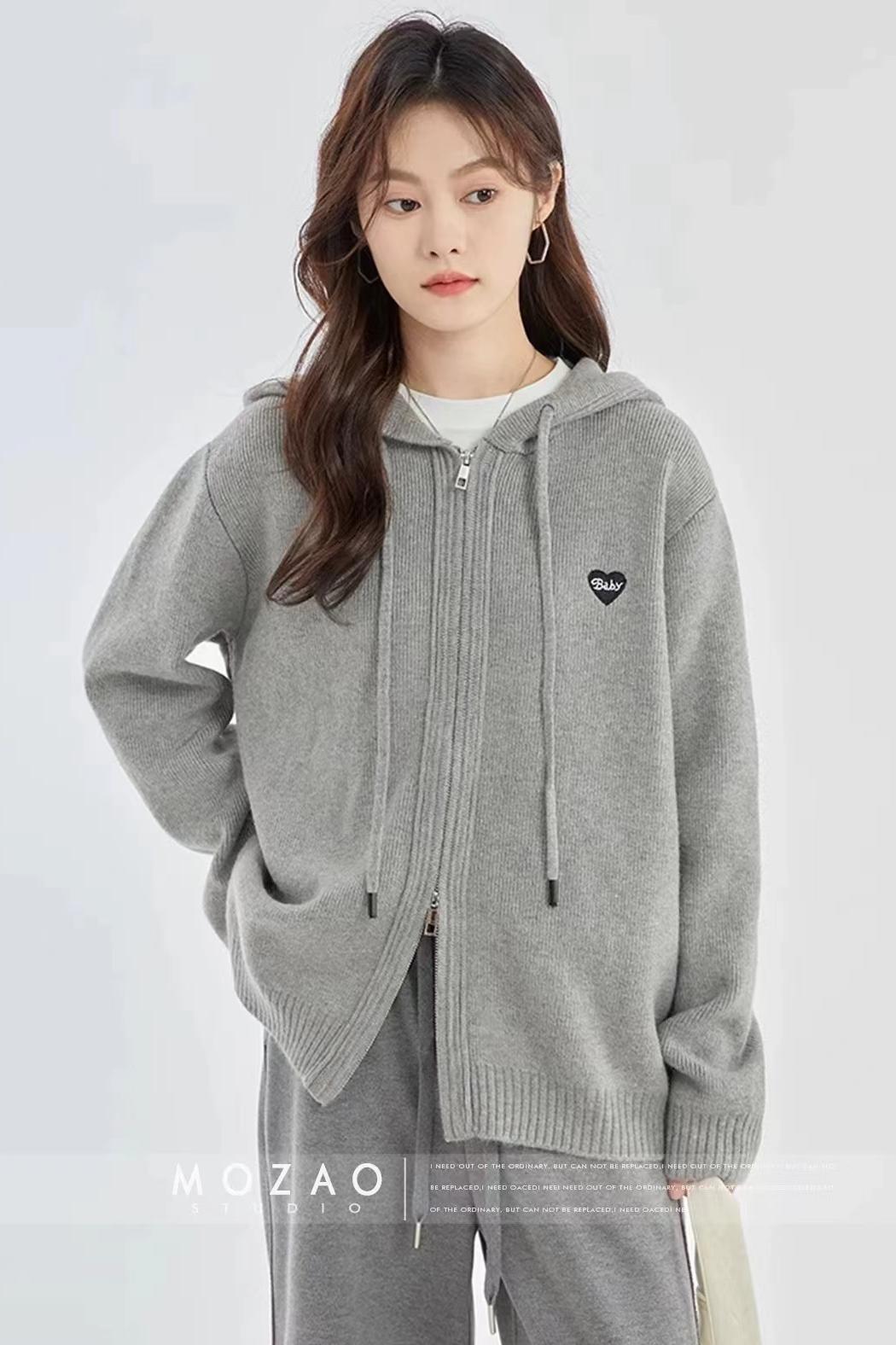 후드 니트 스웨터 여성 코트 봄 가을 이른 가을 가을 외출용 작은 키 느긋한 긍정적 인 어깨 지퍼 오픈 가디건 후드티