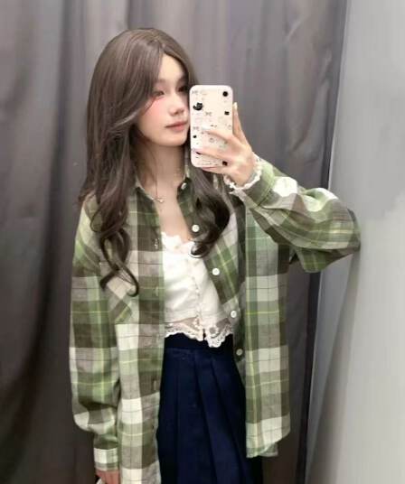 일본식 녹색 체크무늬 셔츠 외출용 여성 2026 새로운 홍콩 느낌 chic 루즈핏 캐주얼 커플 섹션 셔츠