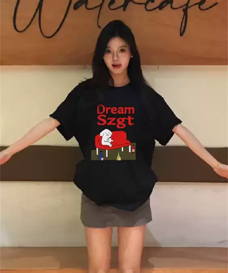 21 순면 210 그램 이후 패키지 칼라 여름 드레스 한 부서 반팔 티셔츠 여성 한국 스타일 루즈핏 빅 사이즈 프린트