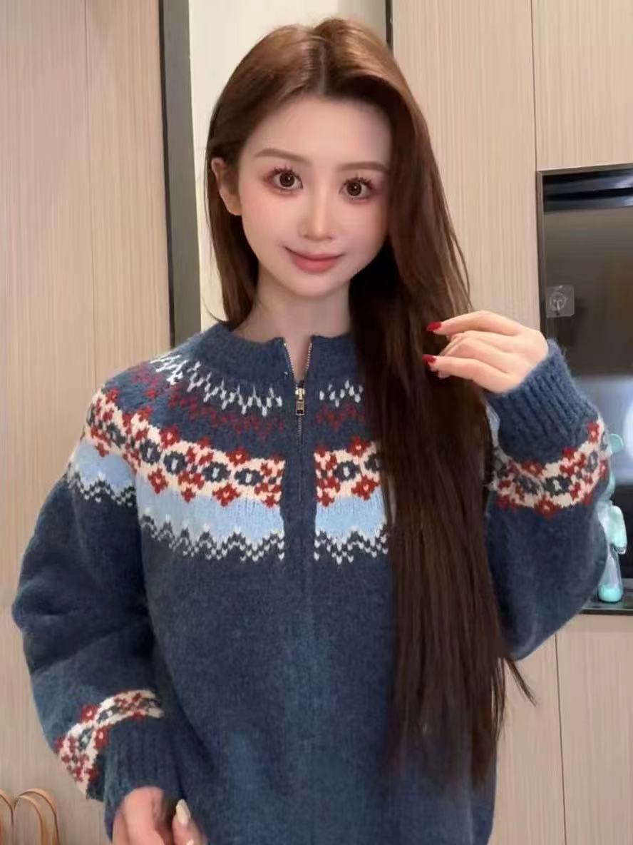 공정한 섬 스웨터 지퍼 카디건 코트 새로운 한국 스타일 자카드 레트로