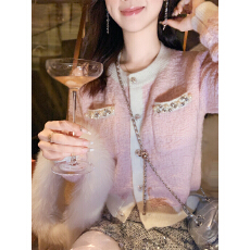 批发鱼兔子的兔子 春秋新款针织衫女亮钻小香风毛衣开衫气质女士上衣