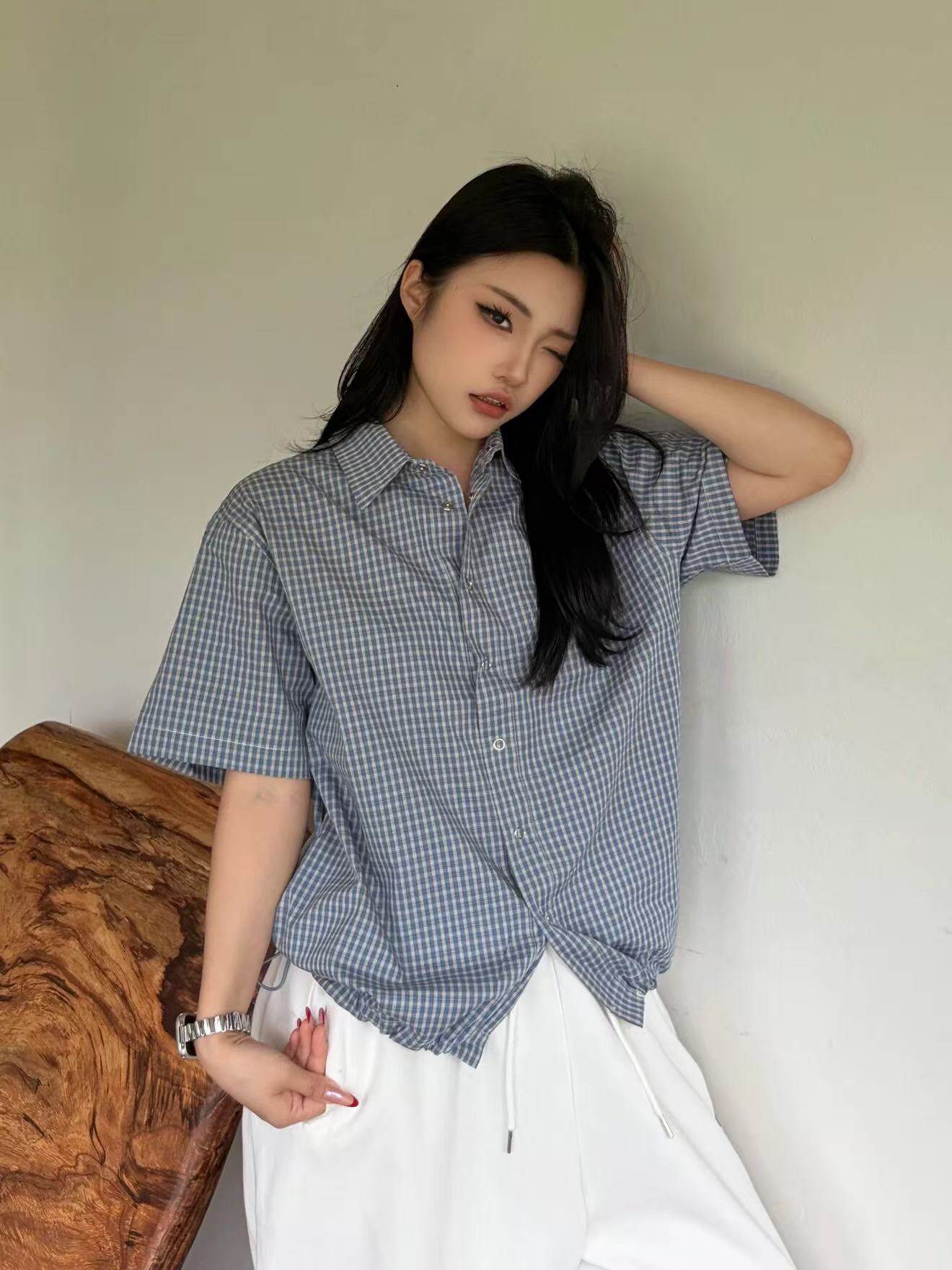 아메리칸 긍정적 인 어깨 체크무늬 반팔 셔츠 여름 체크무늬 반소매 셔츠 레트로 캐주얼 다용도 맨위