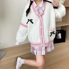批发蝴蝶结<b class='q'>毛衣</b><b class='q'>女</b>秋冬2026韩版新款宽松慵懒风设计感口袋撞色开衫外套