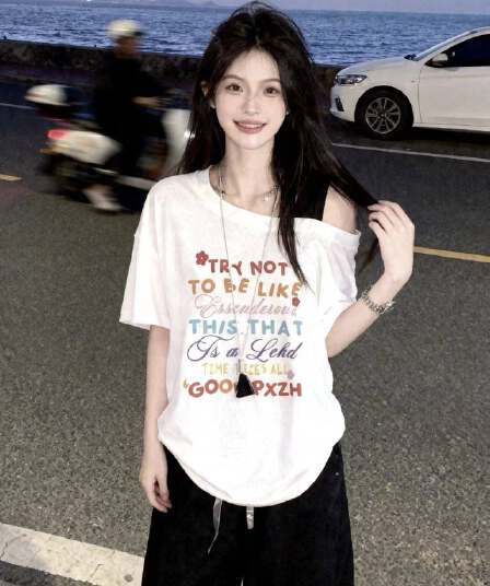 220 그램 92 면 8 암모니아 Lun 느낌 슈퍼 쿨 미끄러짐 프린트 비스듬한 어깨 슬립 반팔 티셔츠 여성