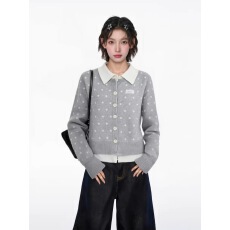 批发美式灰色正肩polo领假两件毛衣开衫外套女秋冬修身显瘦<b class='q'>针织衫</b>上衣