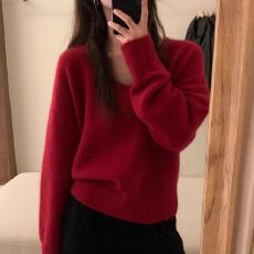 批发2026年新款粉色软糯<b class='q'>宽松</b>v领套头针织衫上衣女打底秋季内搭毛衣厚