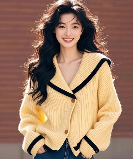 황색 해군 V넥 루즈핏 긴팔 오픈 가디건 니트 외부 가져 가라. 스웨터 여자 2026 가을 겨울 새로운 느긋한 바람 맨위