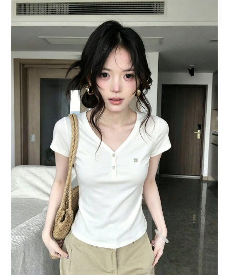 아메리칸 화이트 V넥 티셔츠 여성 여름 익스트림 제인 다용도 긍정적 인 어깨 반팔 몸매 가꾸기 슬림해 보이는 맨위