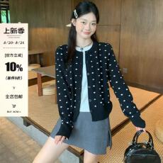 批发黑色波点假两件针织开衫外套女秋季宽松休闲设计感上衣