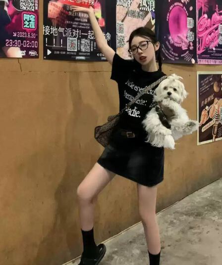 21 순면 210 그램 이후 패키지 칼라 여름 드레스 한 부서 반팔 티셔츠 여성 한국 스타일 루즈핏 빅 사이즈 프린트