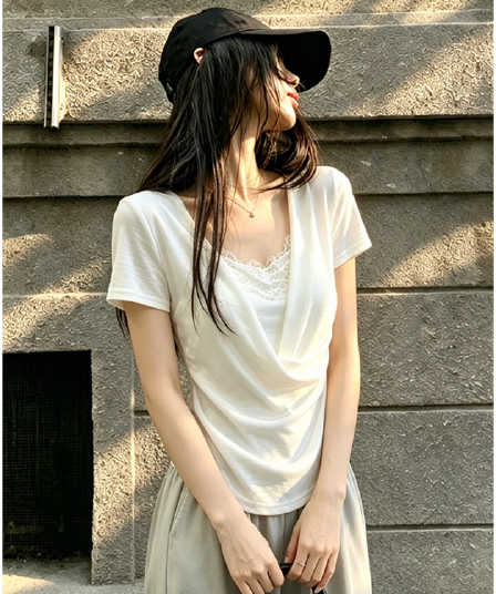프랑스식 미니멀리즘 u 칼라 페이크 레이어드 화이트 반팔 티셔츠 여성 여름 레이스 조각 슬림해 보이는 맨위
