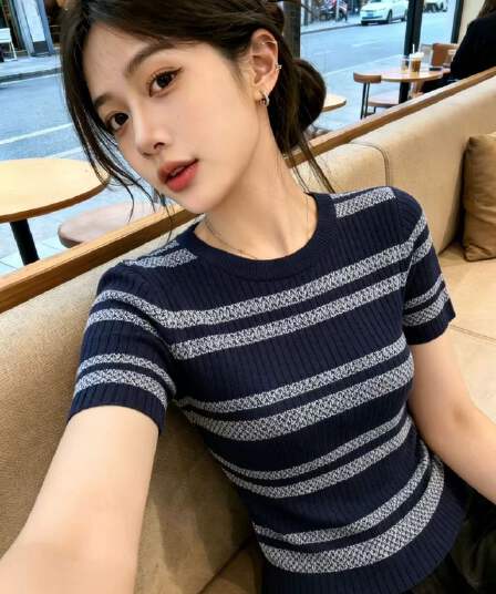 한 부서 라운드 넥 스트라이프 배색 반팔 니트 티셔츠 여성 2026 여름 새로운 몸매 가꾸기 슬림해 보이는 외국 가스 맨위 트렌디