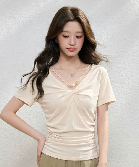 아메리칸 핫걸 바람 V넥 비틀림 반팔 티셔츠 여성 여름 디자인 센스 주름 품격 맨위