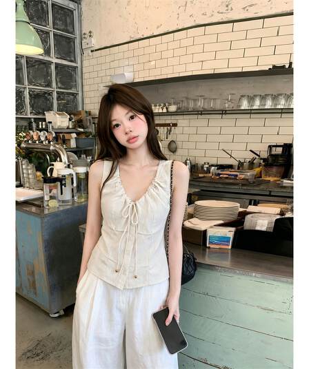 V넥 조끼 여성 여름 비즈 핀치 Pleat 민소매 허리 수축 쇼트 스타일 작은 맨위
