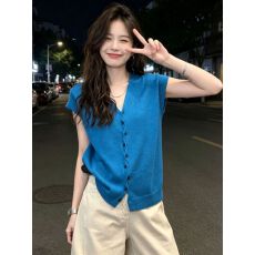 批发松弛感V领排扣小飞袖针织开衫夏季<b class='q'>新款</b>法式气质上衣女