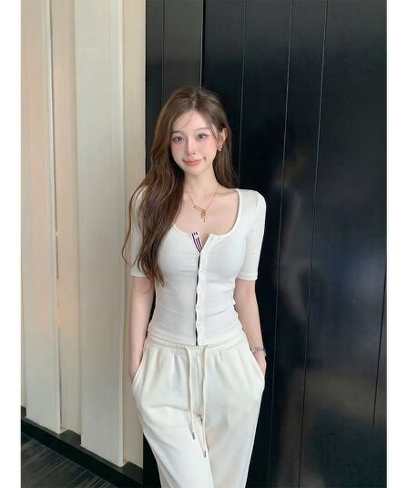 화이트 u 칼라 긍정적 인 어깨 중간 소매 티셔츠 여성 여름 몸매 가꾸기 배색 디자인 센스 오픈 가디건 쇼트 스타일 맨위