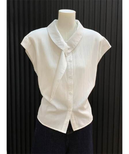 프랑스식 POLO 칼라 리본 디자인 센스 작은 대중 화이트 여성 셔츠 여름 품격 셔츠 슬림해 보이는 반팔 맨위