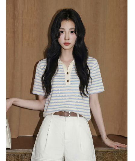 파란색 POLO 칼라 스트라이프 반팔 티셔츠 여성 2026 여름 새로운 루즈핏 배색 홀로우 아웃 반소매 동정 맨위
