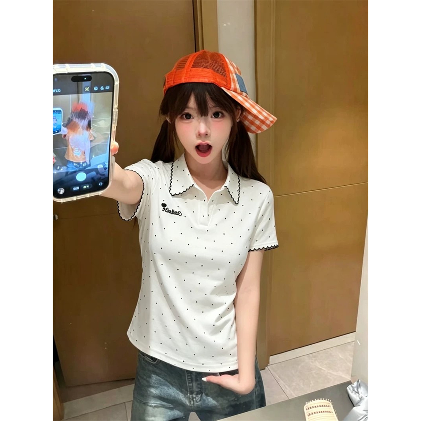 BY27577# 韩系学院风波点正肩polo领短袖t恤 服裝批發女裝批發服飾貨源