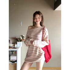 批发韩系慵懒风条纹一字肩针织衫女秋季新款斜肩宽松早<b class='q'>春</b>气质chic上衣