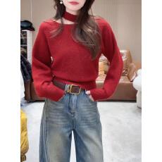 批发法式斜肩挂脖打底毛衣女2026新款秋冬季慵懒风露肩针织衫上衣