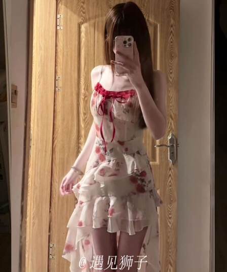 원본 것 있음 네리 프랑스식 디자인 센스 레이스업 헤일로 염색 꽃무늬 불규칙 밑단 레이스 레이스 슬림해 보이는 치마