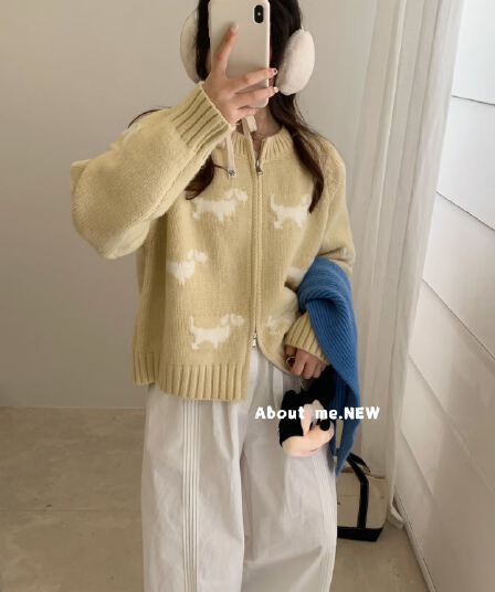 한 부서 귀여운 강아지 자카드 라운드 넥 더블 지퍼 스웨터 여성 코트 가을 겨울 새로운 루즈핏 연령 감소 니트 오픈 가디건