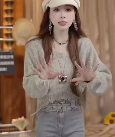 회색 술 스웨터 여자 2026 새로운 가을 겨울철 루즈핏 느긋한 고급 센스 쇼트 스타일 니트 스웨터