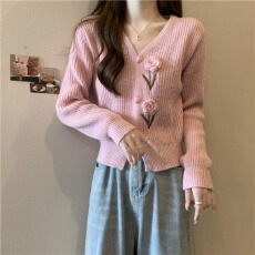批发韩版小香风针织毛衣女新款v领温柔复古风宽松<b class='q'>短</b>款开衫