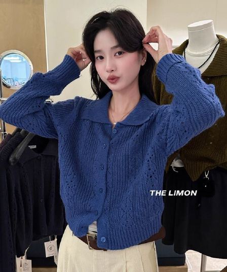 한 부서 POLO 칼라 니트 오픈 가디건 여성 코트 가을 겨울 분위기 센스 루즈핏 폴로 칼라 스웨터 긴팔 짧은 맨위